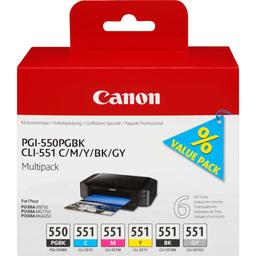 PGI-550/CLI-551 PGBK/C/M/Y/BK/GY MULTI PACK INK VALUE PACK (CYAN, MAGENTA, YELLOW, GRAY & PIGMENT AND PHOTO BLACK INK TANKS) (6496B005)